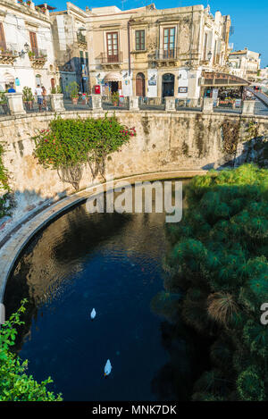 Promenade und Brunnen des Arethusa (Fonte Aretusa) mit Menschen um in der Altstadt der historischen Stadt Syrakus in Sizilien, Italien Stockfoto