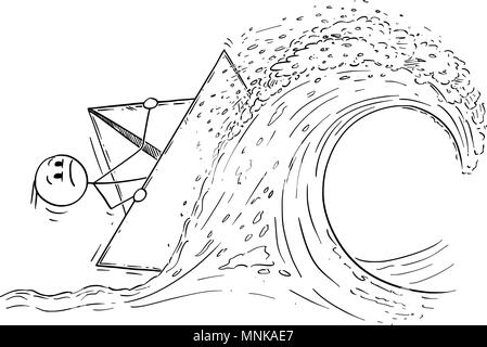 Cartoon von Geschäftsmann Segeln Papier Schiff oder Boot auf hohe Welle im Sturm Stock Vektor