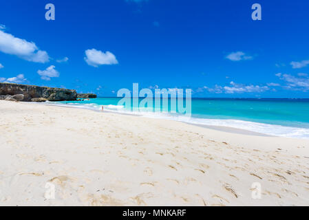 Bottom Bay, Barbados-Paradise Beach auf der karibischen Insel Barbados. Tropischen Küste mit Palmen über das türkisfarbene Meer hängen. Panoramablick auf das Foto. Stockfoto
