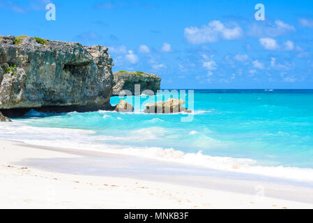 Bottom Bay, Barbados-Paradise Beach auf der karibischen Insel Barbados. Tropischen Küste mit Palmen über das türkisfarbene Meer hängen. Panoramablick auf das Foto. Stockfoto