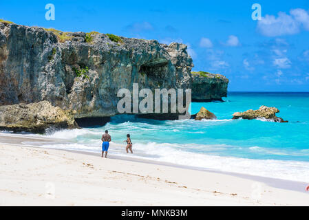 Bottom Bay, Barbados-Paradise Beach auf der karibischen Insel Barbados. Tropischen Küste mit Palmen über das türkisfarbene Meer hängen. Panoramablick auf das Foto. Stockfoto