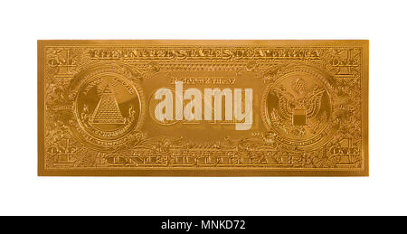 Single Gold Dollar Bill isoliert auf einem weißen Hintergrund. Stockfoto