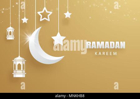 Ramadan Kareem Grußkarte Mond und Sterne Traditionelle Laternen gold Hintergrund. Eid Mubarak banner Grafik Design. Verwenden Sie für Islamische Flyer, poste Stock Vektor