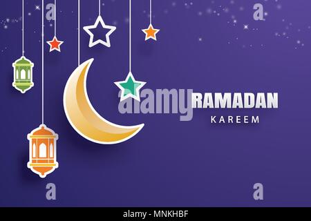 Ramadan Kareem Grußkarte Mond und Sterne Traditionelle Laternen Hintergrund. Eid Mubarak banner Grafik Design. Verwenden Sie für Islamische Flyer, Poster, br Stock Vektor