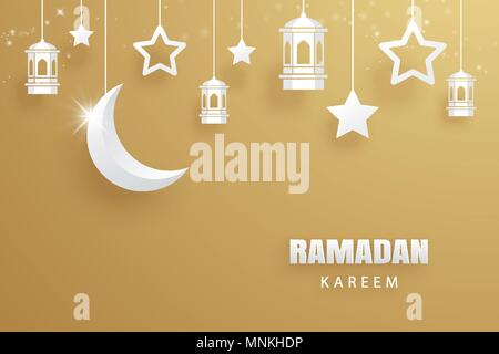 Ramadan Kareem Grußkartenpapier Kunst gold Hintergrund. Eid Mubarak Mond und Sterne banner Grafik Design. Verwenden Sie für Islamische Flyer, Plakat, Broschüre Stock Vektor