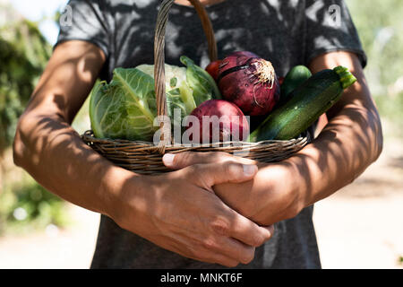 Closeup von einem kaukasischen Jüngling mit einem rustikalen Korb voll mit Gemüse frisch gesammelt in einem Bio-Obstgarten Stockfoto