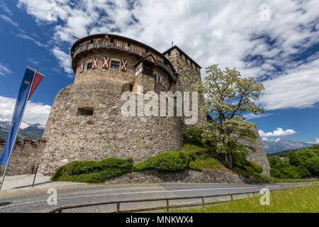 Schloss Vaduz mit Berg Straße in Liechtenstein. Alpen Landschaft Hintergrund Stockfoto