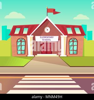 Volksschule flachbild Vektor Museumsgebäude. Zurück zu Schule cartoon Hintergrund. Beim Zebrastreifen vor dem Schulhaus Stock Vektor