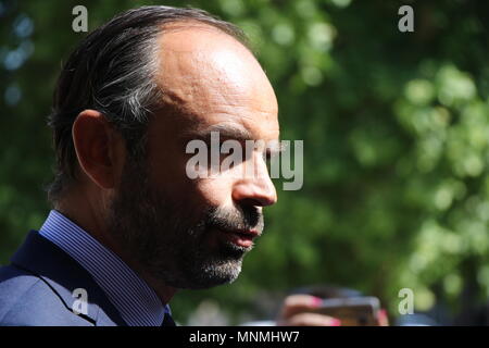 Straßburg, Frankreich. 18 Mai, 2018. Der französische Premierminister Edouard Philippe spricht zu den Journalisten, als er bei einem Besuch in ENA (Nationale Schule der Verwaltung) in Straßburg eingetroffen ist. Credit: SOPA Images Limited/Alamy leben Nachrichten Stockfoto