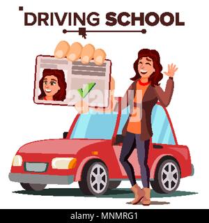 Frau In der Fahrschule Vektor. Ausbildung Auto. Erfolgreiches Bestehen der Prüfung. Führerschein. Isolierte flache Darstellung Stock Vektor