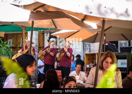 Mariachi Sänger in einem Restaurant im Innenhof, San Angel Kunst und Handwerk Samstag Markt, Plaza San Jacinto, San Angel, Mexiko City, Mexiko Stockfoto