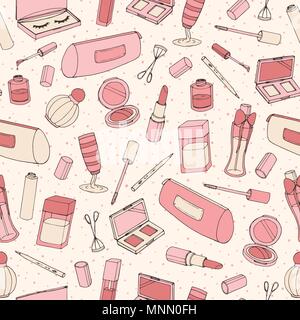 Hand Kosmetik Muster mit Parfüm Flaschen, Nagellack, Lippenstift, Lidschatten und Wimperntusche auf der Polka Dot Hintergrund dargestellt. Vektor Make-up-Produkt Stock Vektor