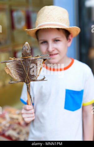 Junge Holding getrocknet Gecko auf stick Street von Hong Kong Stockfoto