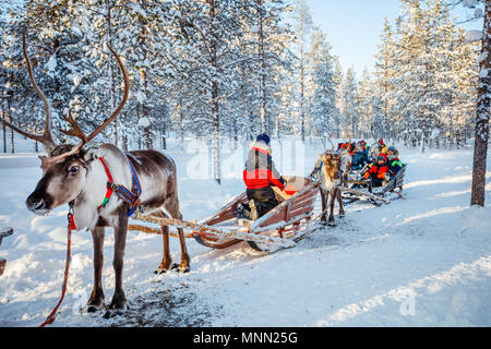 Familie mit Kindern an Rentier Safari im Winter Wald in Lappland Finnland Stockfoto