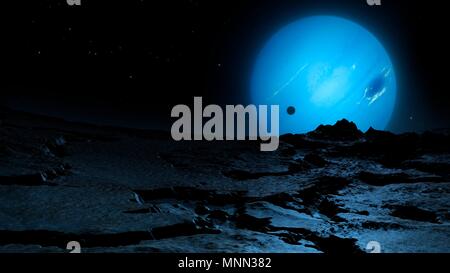 Abbildung: Neptun von der Oberfläche von seinen größten Mond, Triton gesehen. Triton hat einer der kältesten Flächen in der bekannten Sonnensystem. In diesem Bild sehen wir Triton in der Nacht, mit der Sonne unter dem Horizont auf der Rückseite. Die Oberfläche leuchtet nur von der gespenstischen Schein der Neptun. Der Schatten der Triton durch die Sonne kann auf Neptun's Gesicht gesehen werden. Stockfoto