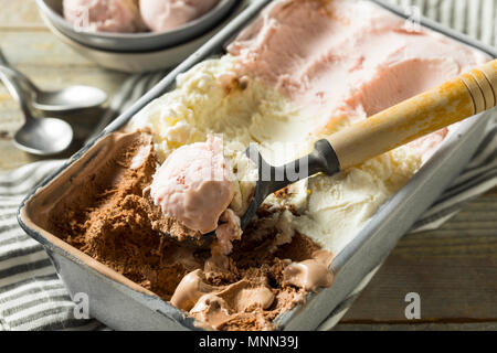 Hausgemachte Neopolitan Eis mit Schoko Vanille und Erdbeere Stockfoto