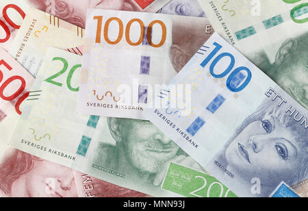 Full Frame Bild der schwedischen Banknoten während 2016 und 2017 ich verschiedene Konfessionen eingeführt. Stockfoto