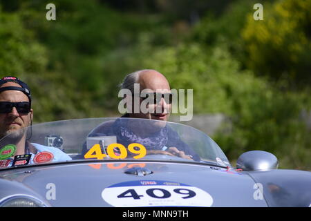 PESARO SAN BARTOLO, Italien, 17. Mai - 2018: PORSCHE 550 Spyder 1500 RS 1955 auf einem alten Rennwagen Rallye Mille Miglia 2018 die berühmten italienischen Stockfoto