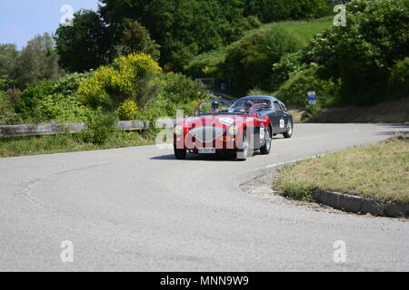 PESARO SAN BARTOLO, Italien, 17. Mai - 2018: Austin Healey 100/4 BN2 1956 auf einem alten Rennwagen Rallye Mille Miglia 2018 die berühmten italienischen seine Stockfoto