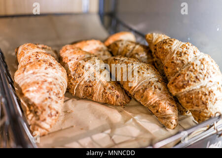 Nahaufnahme von vielen gesunden goldenen gebackene scharfe Leinsamen Leinsamen Croissants ganze Weizen auf Ablage Anzeige Desserts in Bäckerei cafe store Rustikal Stockfoto