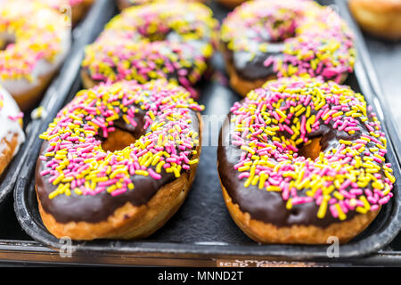 Schokoladenglasur Donuts mit rosa Streusel closeup auf Bäckerei Fach, frittierter Vanille, lecker lecker mit Bohrungen Stockfoto
