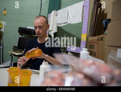 PUERTO Cortes, Honduras (16. März 2018) Hospital Corpsman Matthew Deniz der Ellenboro, Nord-Carolina, sortiert Vitamine am Franklin D. Roosevelt Schule in Puerto Cortes, Honduras im Verlauf der weiteren Versprechen 2018. Us Naval Forces Southern Command/USA 4. Flotte hat eine Kraft entfaltet Auszuführen weiterhin Versprechen zivil-militärische Operationen durchzuführen, einschließlich humanitärer Hilfe, Ausbildung Engagements und medizinische, zahnmedizinische und veterinärmedizinische Unterstützung in einer Bemühung, US-Unterstützung und Engagement in Zentral- und Südamerika zu zeigen. Stockfoto