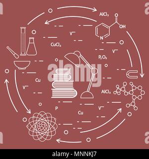 Wissenschaft, Bildung Elemente. Tischleuchte, Bücher, Flasche, Becher, Mörser, Mörser, Kristallgitter, Molekül, Magnet, Atomkern. Stock Vektor