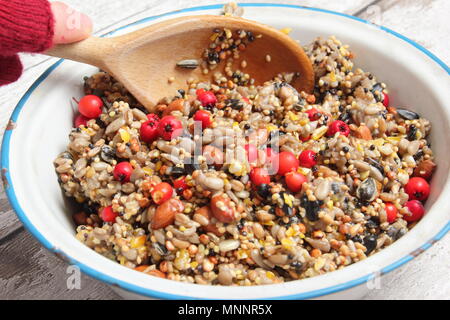 Schritt für Schritt 2/7: Winter berry Futterhäuschen mit Ausstecher. Mix Nüsse, Samen und Beeren mit geschmolzenem Fett. Gut umrühren, um sicherzustellen, dass Fett deckt alle. Stockfoto