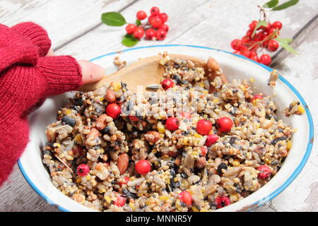 Schritt für Schritt 2/7: Winter berry Futterhäuschen mit Ausstecher. Mix Nüsse, Samen und Beeren mit geschmolzenem Fett. Gut umrühren, um sicherzustellen, dass Fett deckt alle. Stockfoto