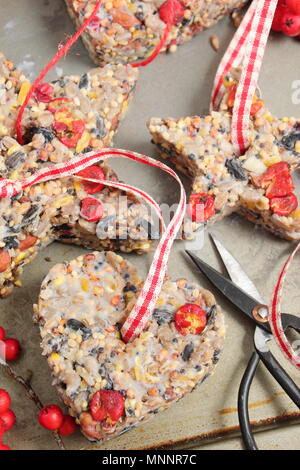 Schritt für Schritt 5/7: Winter berry Futterhäuschen mit Ausstecher. Sorgfältig Fräser und Zweige entfernen. Hinzufügen ribbon oder Garn Kuchen von Baum hängen Stockfoto