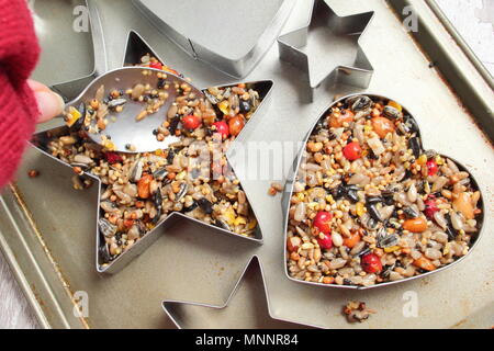 Schritt für Schritt 3/7: Winter berry Futterhäuschen mit ausstechformen. Pack Mischung fest in verschieden geformte Messer Gewährleistung der Ecken erreicht. Stockfoto