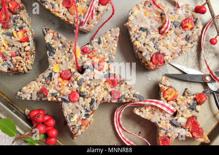 Schritt für Schritt 5/7: Winter berry Futterhäuschen mit Ausstecher. Sorgfältig Fräser und Zweige entfernen. Hinzufügen ribbon oder Garn Kuchen von Baum hängen Stockfoto