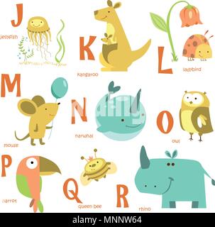 Alphabet und Tiere. ABC mit verschiedenen Tieren. Vector Illustration. Stock Vektor