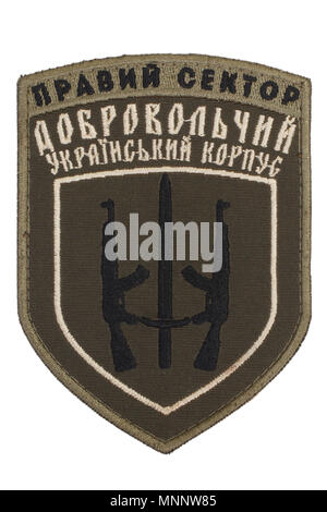 Kiew, Ukraine. APR 03. Illustrative editorial. Chevron der Ukrainischen freiwilligen Korps mit ukrainischen die Worte "Freikorps Rechten Sektor". April 03. Stockfoto