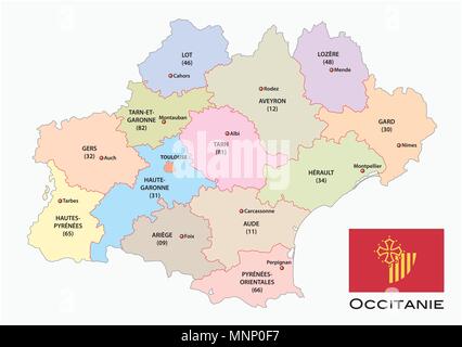 Administrative und politische Vektorkarte des occitanie Region mit Fahne, Frankreich Stock Vektor