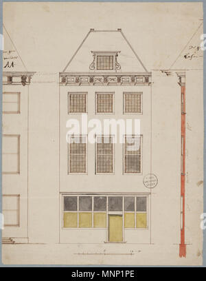 . Deutsch: Titel: voor de voorgevel Ontwerp van Rapenburg 69 b te Leiden Verv. jaar: Ca. 1713 Verv. Plaats: Leiden Techniek: Tekening Afmeting: 36,9 × 28,2 cm Bron: [P308 1N036], Topografie van Nederland, universiteitsbibliotheek Leiden Schaalstok voeten van 12 []; Watermerk: Wapen van Amsterdam; Met bijbehorend Vel met annotatie Bodel Nijenhuis: "Afbeeldingen van het Huis Wijk I, Nr. 319, Het Tweede van Nonnesteeg, Rapenburg, westzijde. alwaar, van 1683 tot 1751, de Boekhandel van Jordán. 3 Februar 2013, 23:06:55. Unbekannt 943 voor de voorgevel Ontwerp van Rapenburg 69 b te Leiden Stockfoto