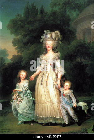 Marie Antoinette mit ihren Kindern. Englisch: Königin Marie Antoinette von Frankreich mit ihren Kindern Prinzessin Marie Therese Charlotte und Dauphin Louis Joseph Italiano: Maria Antonietta passeggia Nel Parco di Versailles con i Figli, Louis Joseph e Madame Royale. Il dipinto Venne ordinato dalla Regina per essere offerto al Re di Svezia Gustavo III. Il Pittore svedese Wertmüller, Al quale Maria Antonietta aveva accordato delle sedute lunghe di Posa, si fece Fare dei manichini kommen, modelli e delle bambole che imitavano Le pettinature della Regina fabbricate dal 'Divino' Léonard Kadett. Questo spiega Stockfoto