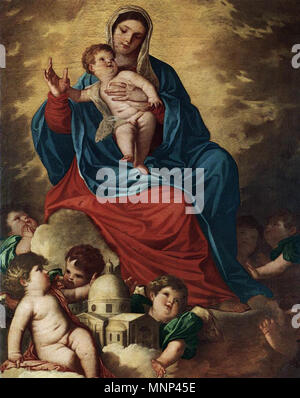 952 Padovanino Virgen con Niño y Diseño de una Basílica 1630 Santa Maria della Salute Venecia Stockfoto