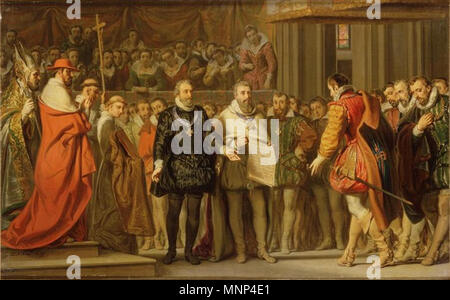 Français: Signatur du Traite de paix de Vervins. . Français: Signatur du Traite de paix de Vervins, huile sur toile de Gillot Saint-Evre, 1837. . 1837. 954 Paix de Vervins par Gillot Saint-Evre Stockfoto