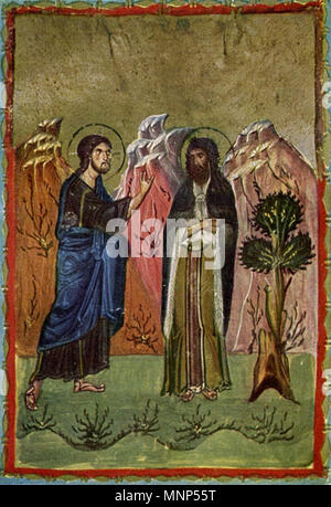 . Englisch: Jesus und Johannes der Täufer, Miniatur, Lektionar, Agiou Kloster Panteleimonos, 2, fol. 221 r Referenzen: Weitzmann: Aus den Bibliotheken des Athos, Nr. 16. 11. bis 12. Jahrhundert. aus dem Mittelalter, unbekannt 957 Panteleimon 2 Fol 221 r Stockfoto