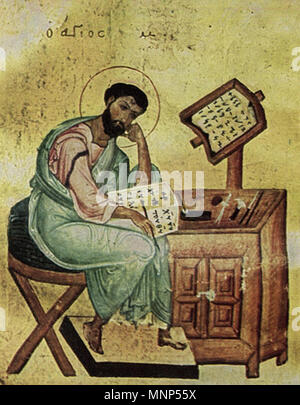 . Englisch: Der Evangelist Markus, Miniatur, Lektionar, Agiou Kloster Panteleimonos, 2, fol. 155 v, detail Referenzen: Weitzmann: Aus den Bibliotheken des Athos, Nr. 8. 11. bis 12. Jahrhundert. aus dem Mittelalter, unbekannt 957 Panteleimon 2 Fol 155 v Stockfoto