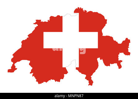 Flagge der Schweiz an Land Silhouette. Landmasse und Grenzen als Grenzen, innerhalb der Banner der Nation. Rote Flagge mit einem weißen Kreuz. Abbildung. Stockfoto