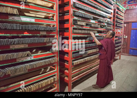 Reihen von handgemachten Holzschnitt Buddhistische Schrift druckt in der heiligen Schrift Bakong Druckmaschine Kloster in Dege, Sichuan, China eingereicht Stockfoto