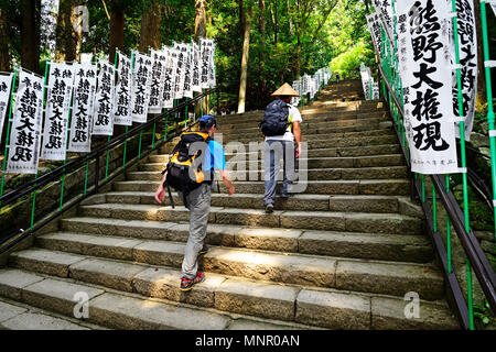 Touristen auf dem Weg nach Kumano Hongu Taisha, Grand Schrein, Nakahechi Route, Kumano Kodo Pilgerweg, Kii Berge Stockfoto