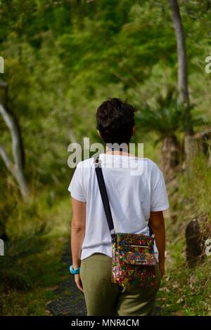 Eine Frau geht auf einem Pfad in den Wald, Jourama Falls, Bruce Hwy, Yuruga QLD, Australia Stockfoto