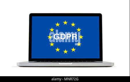 Laptop isoliert auf Weiss mit Freistellungspfaden. Die Flagge der Europäischen Union für die Allgemeine Datenschutzverordnung auf dem Bildschirm Stockfoto