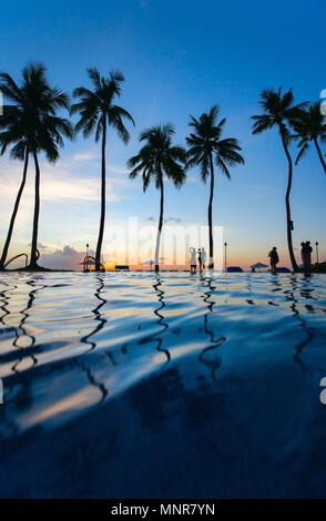 Schönen Sonnenuntergang auf tropischen Strand mit Palmen Silhouetten Stockfoto
