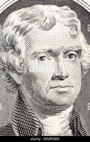 Portrait auf Makro von Thomas Jefferson aus den zwei Dollar Bill. Stockfoto