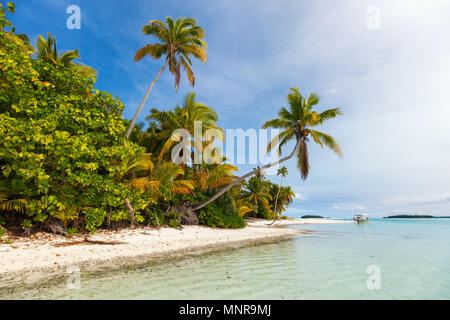 Atemberaubende tropische Aitutaki einen Fuß Insel mit Palmen, weißer Sand, türkises Meer Wasser und blauem Himmel in der Cook Inseln, Südpazifik Stockfoto