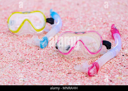 Schnorcheln Maske und Schnorchel am Strand aus kleinen rosa Muscheln Stockfoto